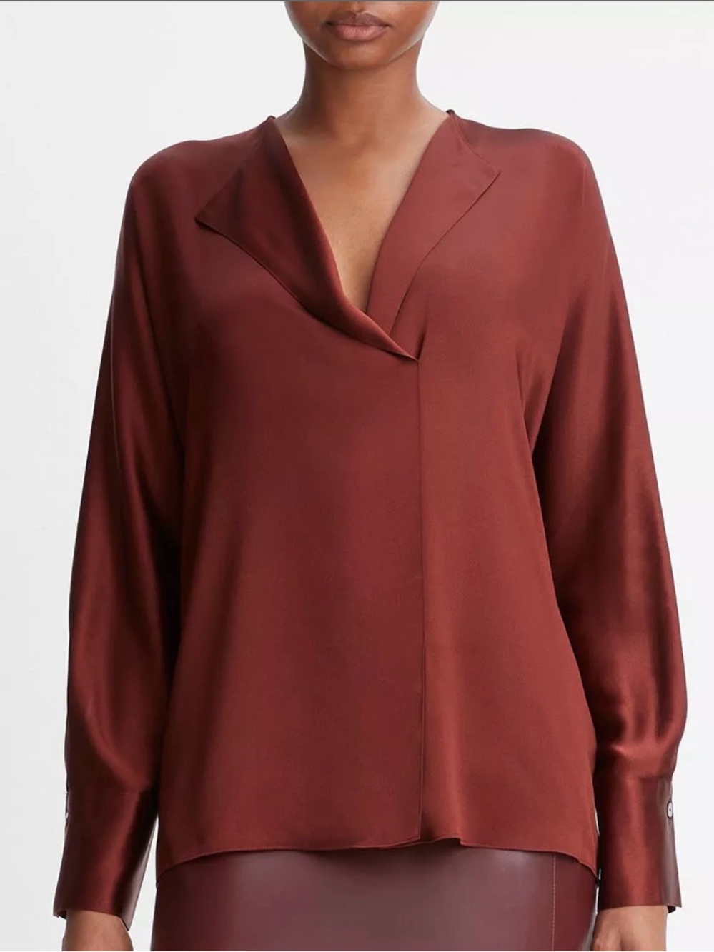 Vince Draped Dolman-sleeved silk blouse. Color is a copper/red blend